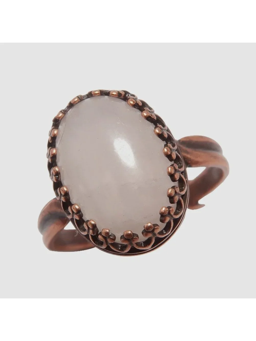 Rose Quartz Ring Miracle Pink Oval Gem Antiqued Copper Adjustable Size 5 to 8 Ri